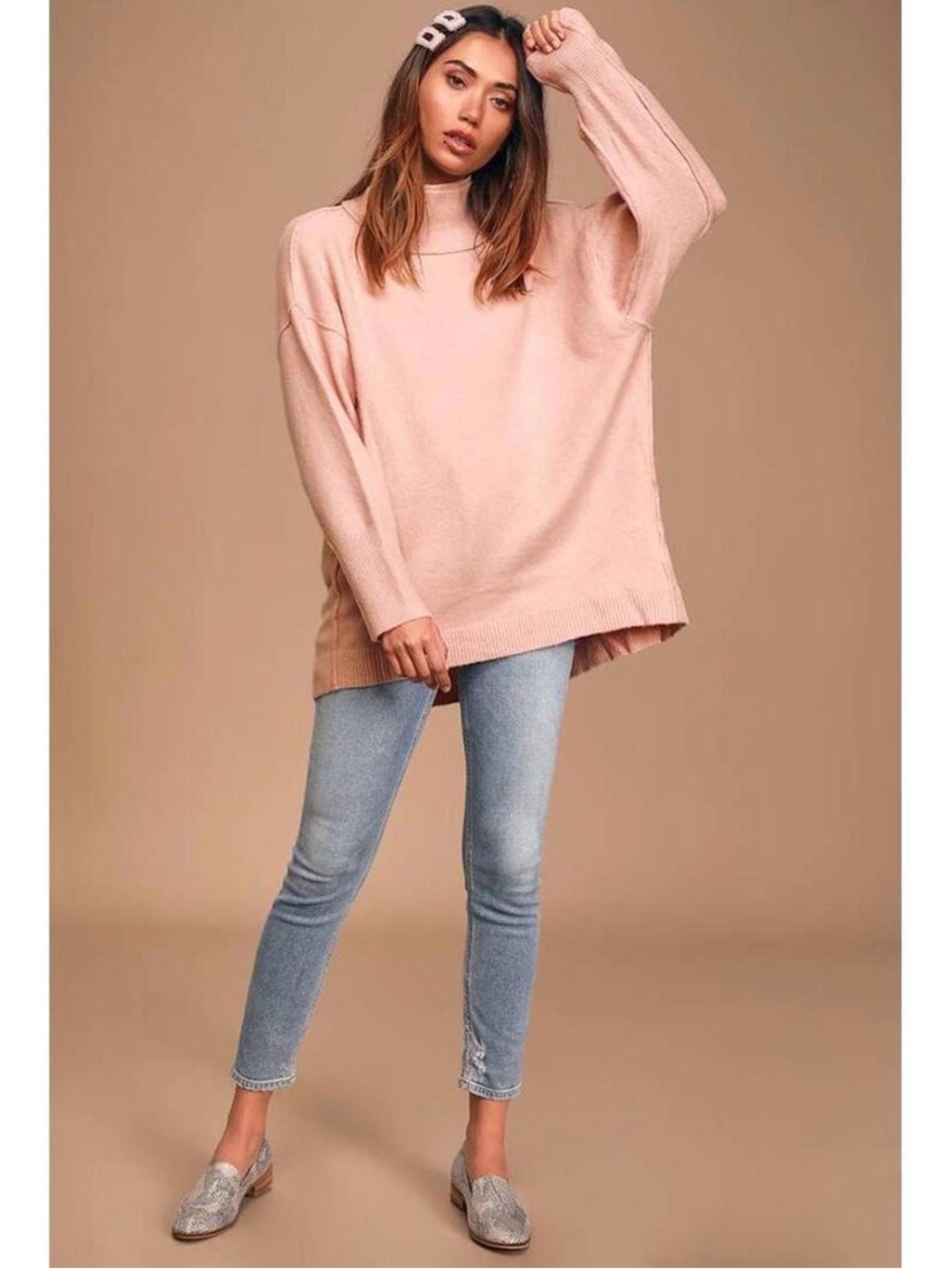FREE PEOPLE Slouchy Tunic Wool Blend Knit Mock Neck Sweater Pink Sz S Oversized